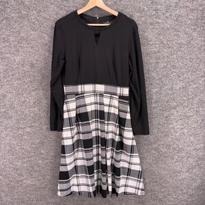 Yathon Dress Women L Large Black Plaid Sheath Midi Zipper Long Sleeve Cotton